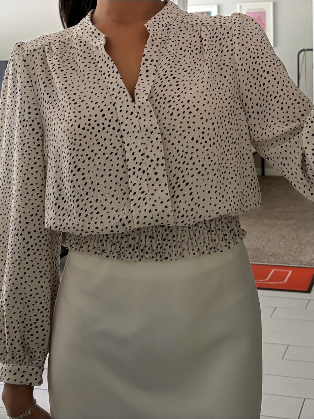 Monteau Black Dot Print Ivory Blouse